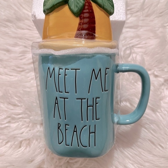 Rae dunn meet me at the beach lidded ceramic mug palm tree lid 8" NIB - Picture 2 of 5